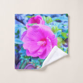 波形のエレガント青い葉を持つピンクのハイビスカス バスタオルセット (ウォッシュタオル)