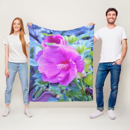 波形のエレガント青い葉を持つピンクのハイビスカス フリースブランケット (インサイチュ)