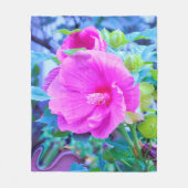 波形のエレガント青い葉を持つピンクのハイビスカス フリースブランケット (正面)