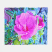 波形のエレガント青い葉を持つピンクのハイビスカス フリースブランケット (正面(横))