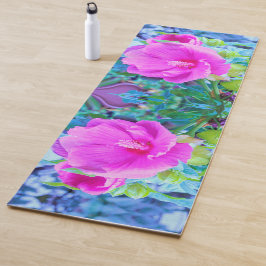波形のエレガント青い葉を持つピンクのハイビスカス ヨガマット