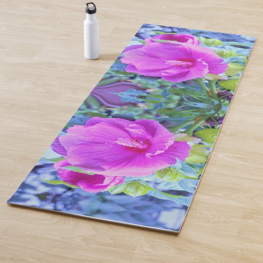 波形のエレガント青い葉を持つピンクのハイビスカス ヨガマット (インサイチュ)