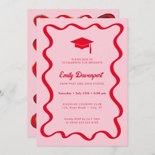 波形の卒業式招待状の写真の背面 招待状 (正面/裏面)