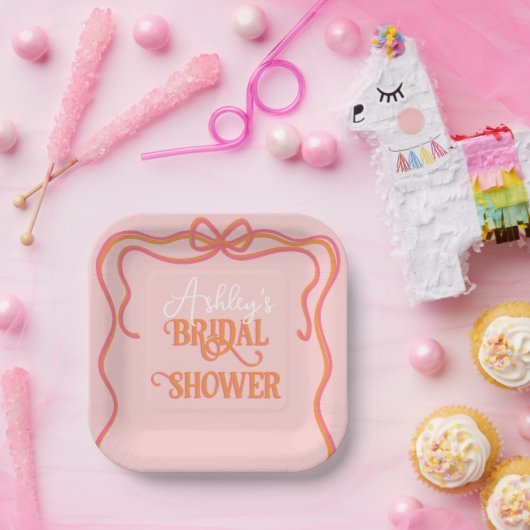 波形はっきりしたフレームボーピンクオレンジブライダルシャワー ペーパープレート (パーティー)