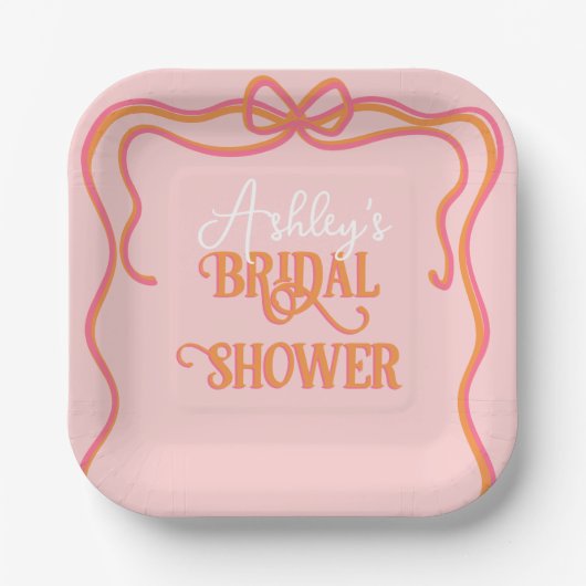 波形はっきりしたフレームボーピンクオレンジブライダルシャワー ペーパープレート (正面)