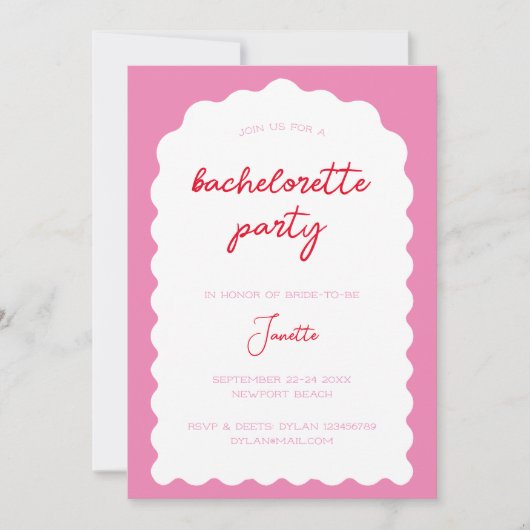 波形アーチピンクと赤モダンバチェロレッテ週末 招待状 (正面)