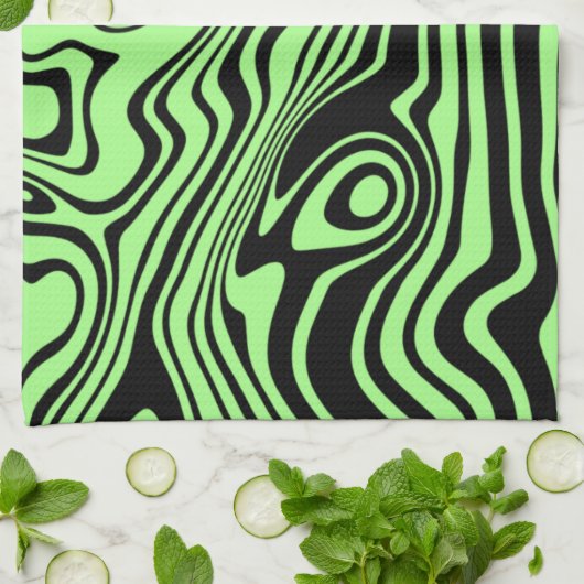 波形ストライプのの黒と緑のキッチンタオル キッチンタオル (折り畳み)