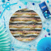 波形ピンク&ブラックストライプ金ゴールドグリッター ペーパープレート (パーティー)