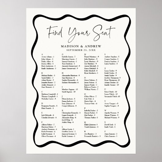 波形モダンクリームのアルファベット順シーティングチャート ポスター (正面)
