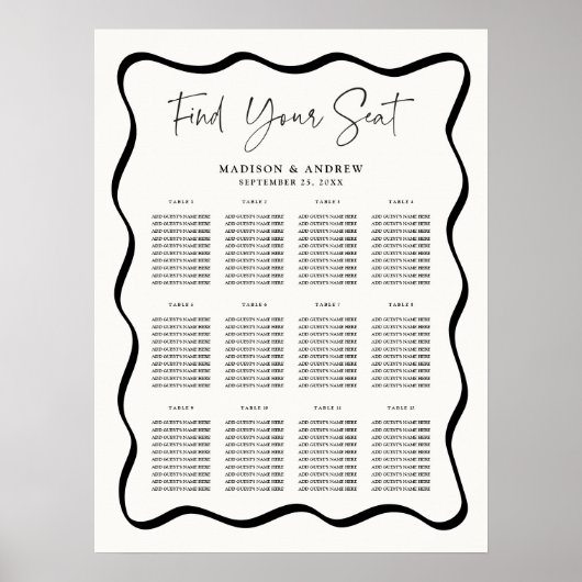 波形モダンクリームの結婚シーティングチャート ポスター (正面)