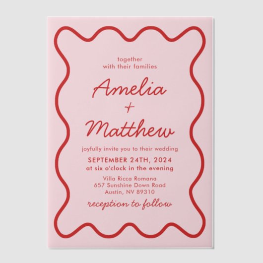 波形モダンピンクと赤のレトロの結婚角 ベラム紙招待状 (正面)