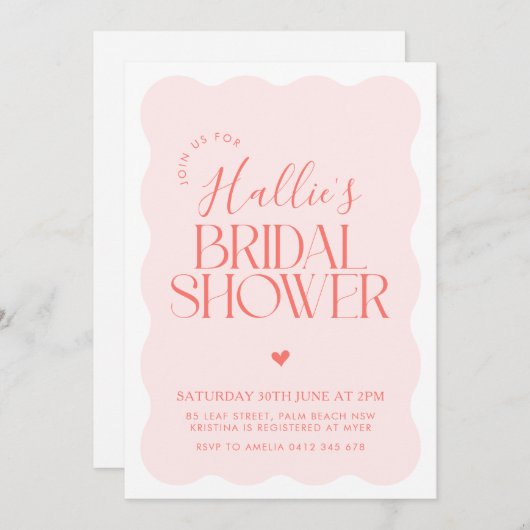 波形モダン湾曲レッドピンクブライダルシャワー 招待状 (正面/裏面)