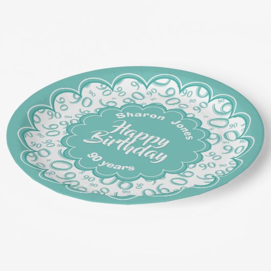 波形誕生日90ティール（緑がかった色）乱数パターン ペーパープレート (アングル)