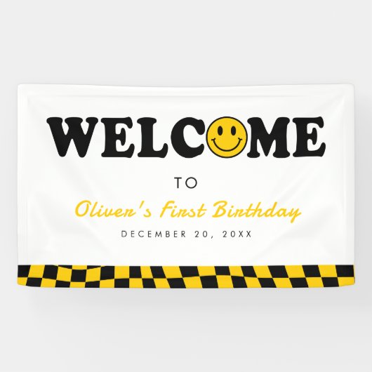 波打ちレトロ名門私立校風のスマイル少年1歳の誕生日へようこそ 横断幕 (横)