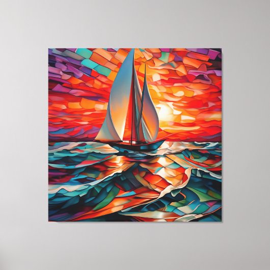 波打った海を帆船が滑走する キャンバスプリント (正面)