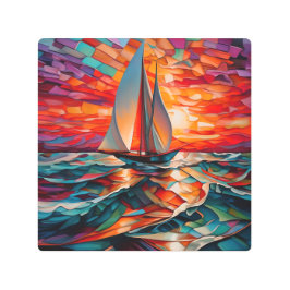 波打った海を帆船が滑走する メタルプリント