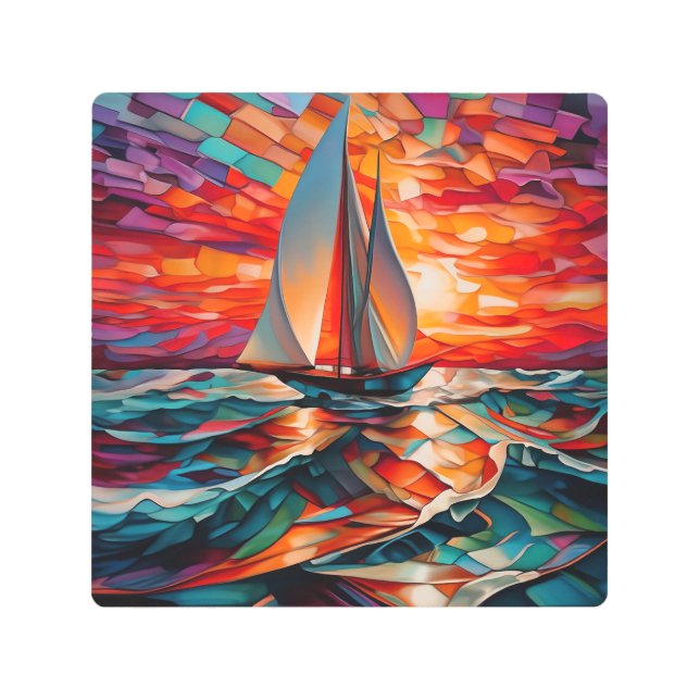 波打った海を帆船が滑走する メタルプリント (正面)