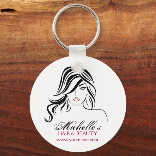 波打った髪とメイクアップアイコンを持つ素敵な女の子 キーホルダー (正面)
