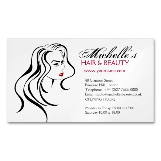 波打った髪とメイクアップアイコンを持つ素敵な女の子 マグネット名刺 (正面)