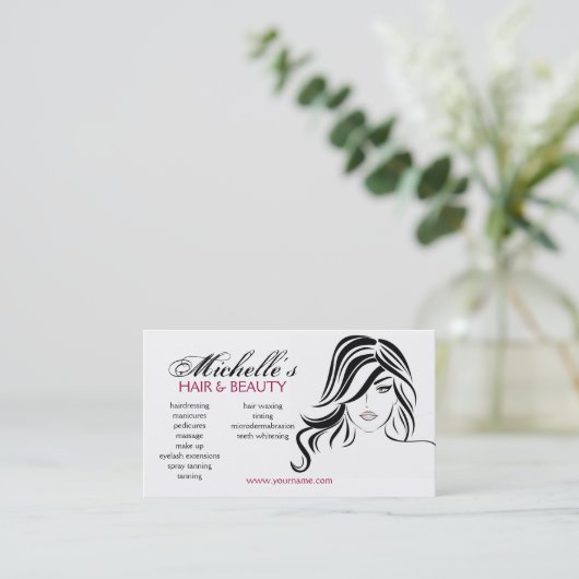 波打った髪とメイクアップアイコンを持つ素敵な女の子 名刺 (スタンド正面)