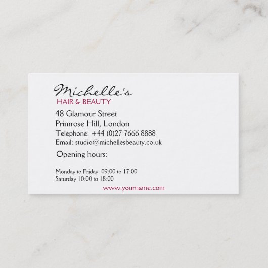 波打った髪とメイクアップアイコンを持つ素敵な女の子 名刺 (裏面)