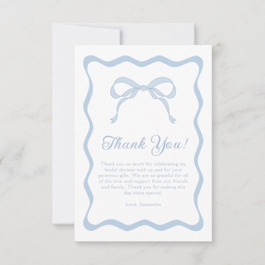 波打つブルーボウ結び目ブライダルシャワー サンキューカード (正面)
