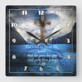 波打つ水の中のイエスヨハネ3:16 スクエア壁時計 (正面)