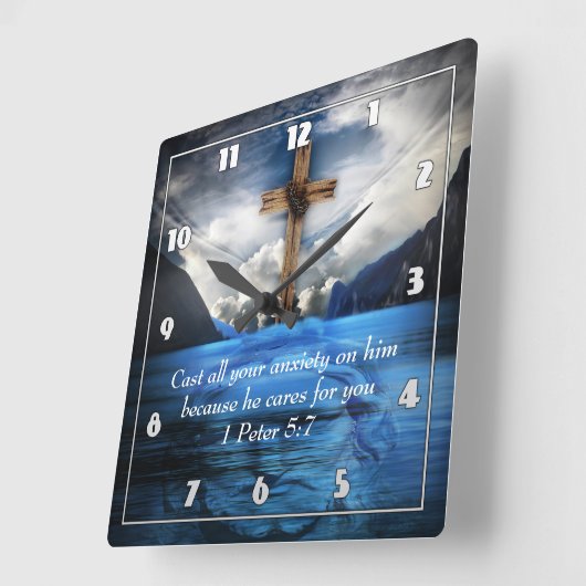 波打つ水の中のイエス1ペテロ5:7 スクエア壁時計 (傾斜)
