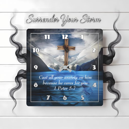 波打つ水の中のイエス1ペテロ5:7 スクエア壁時計