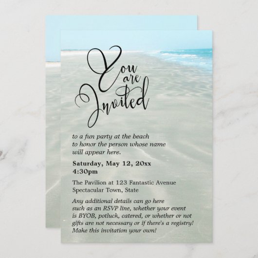 波打つ砂のアクアウォーター　モダンなビーチウェディング 招待状 (正面/裏面)