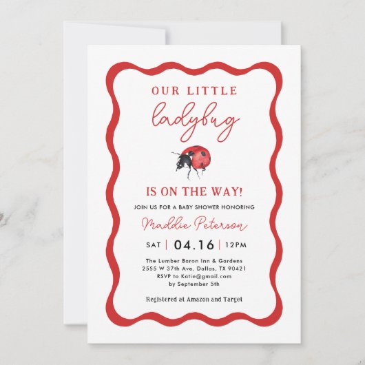 波打つ私たちの小さなLadybug女の子の赤ちゃんシャワー 招待状 (正面)