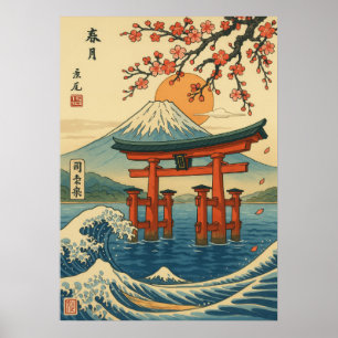 波日本ののある鳥居と山の富士 ポスター