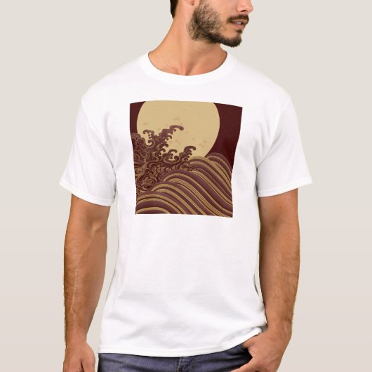 波日本の伝統的と月のパターン Tシャツ (正面)