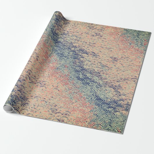 波日本の模様の青とピン ラッピングペーパー (アンロールド)