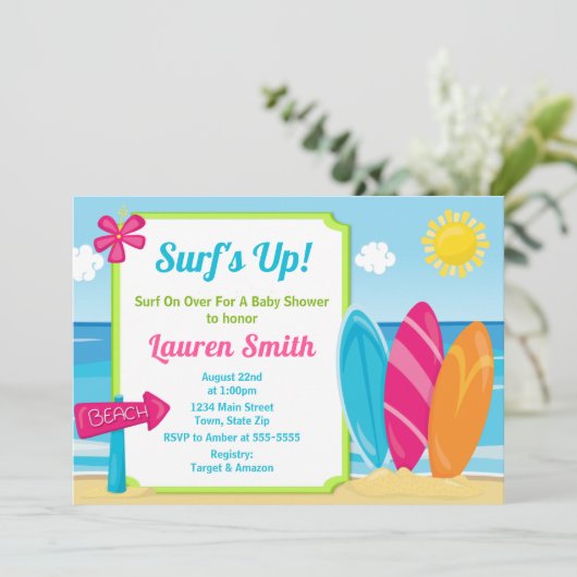 波板ベビーシャワーの招待状のサーファーの女の子 招待状 (スタンド正面)