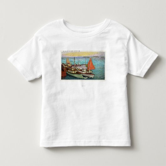 波止場の海のカモメそして船の眺め トドラーTシャツ (正面)