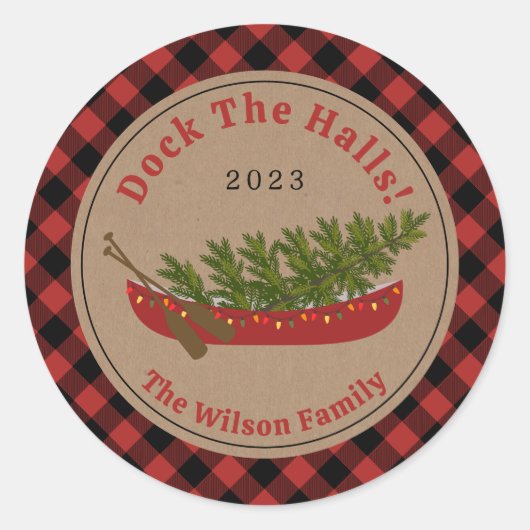 波止場ザホールズカヌクリスマスツリープレイド ラウンドシール (正面)