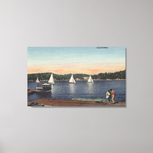 波止場、湖、帆船のビュー キャンバスプリント (正面)