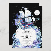 波浪海賊おもしろい誕生日 招待状 (正面/裏面)