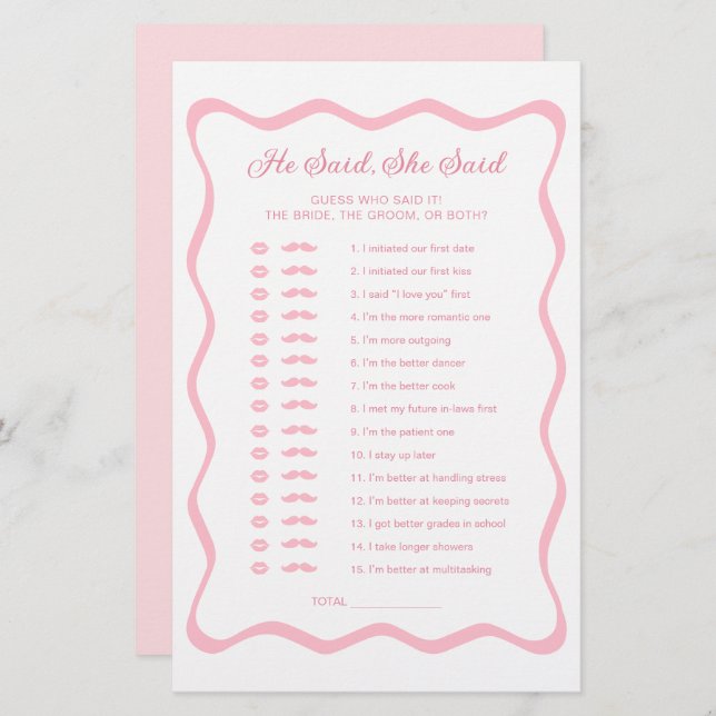 波状のピンクのブライダルシャワー彼は彼女はゲームを言った (正面/裏面)