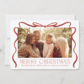 波状のリボン赤と白のクリスマスフォト シーズンカード (正面)