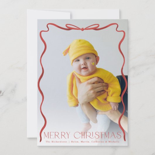 波状のリボン赤と白のクリスマス垂直方向の写真 シーズンカード (正面)