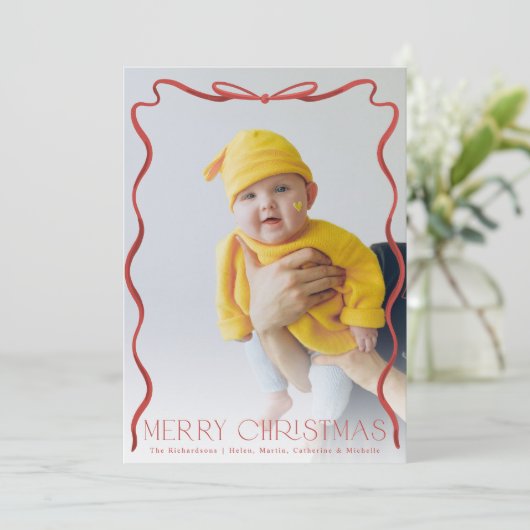 波状のリボン赤と白のクリスマス垂直方向の写真 シーズンカード (スタンド正面)
