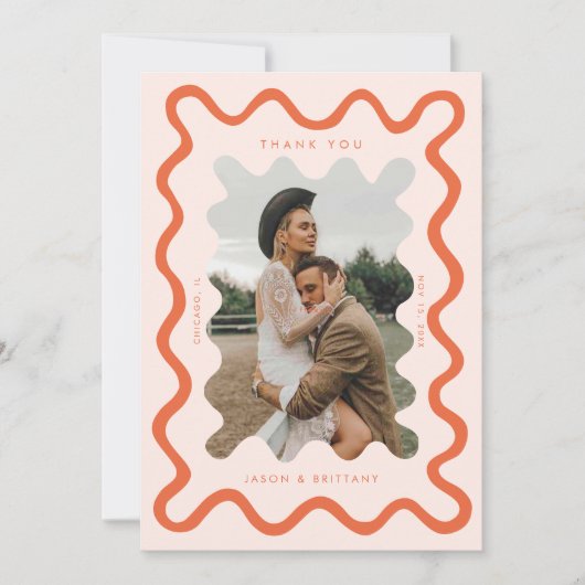 波状の手で描いた線オレンジ結婚の写真 サンキューカード (正面)