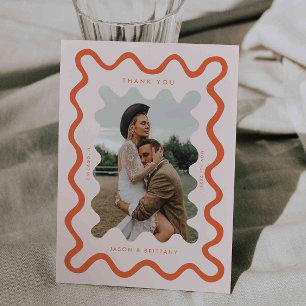 波状の手で描いた線オレンジ結婚の写真 サンキューカード