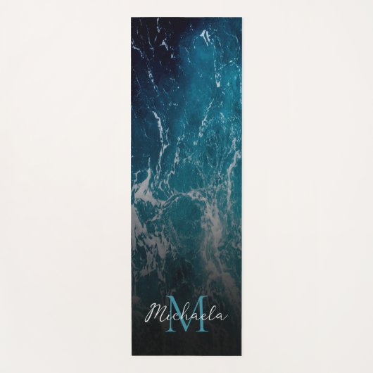 波状の泡状の青い白い海の水抽象芸術モノグラム ヨガマット (正面)