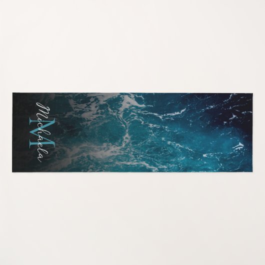 波状の泡状の青い白い海の水抽象芸術モノグラム ヨガマット (正面(横))