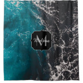 波状の泡状の青い黒い海グラデーションの水モノグラム シャワーカーテン (正面)