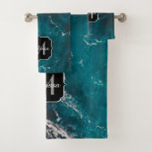 波状の泡状の青い黒い海グラデーションの水モノグラム バスタオルセット (インサイチュ)