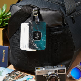 波状の泡状の青い黒い海グラデーションの水モノグラム ラゲッジタグ